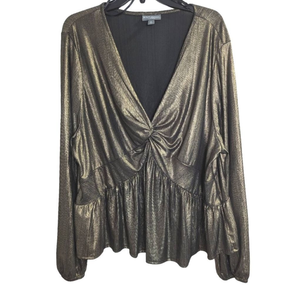 Bold Elements twist front peplum v-neck metallic gold party dressy top blouse 3X